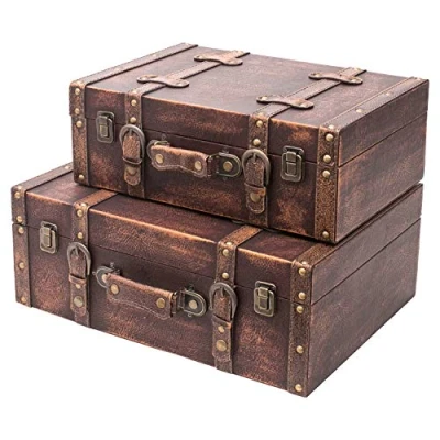 Afbeelding van HMF VKO103 Set van 2 vintage houten koffers, maten, klassieke decoratie