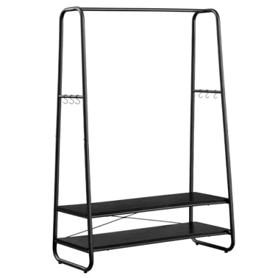Afbeelding van VASAGLE Kledingrek, kapstok, kast, garderobe, met 2 planken, 6 S vormige haken, stalen frame, voor slaapkamer, houtzwart en matzwart RGR112B03