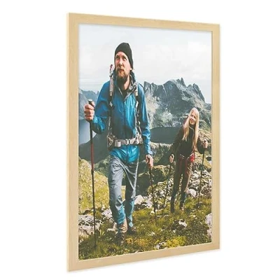Afbeelding van PHOTOLINI Fotolijst 50 x 70 cm, MDF houten lijst, natuur, brede modern, onbreekbaar acrylglas, om op te hangen, extra accessoires voor je stijlvolle wanddecoratie