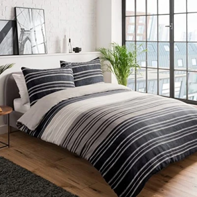 Afbeelding van Sleepdown omkeerbaar zacht en knus gestructureerde streep dekbedovertrekset, bruin, 200 x cm, 2 kussenslopen, 80 cm