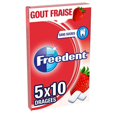 Afbeelding van FREEDENT Kauwgom aardbeiensmaak zonder suiker 5 verpakkingen van 10 dragees 70 g (verpakking kan variëren)