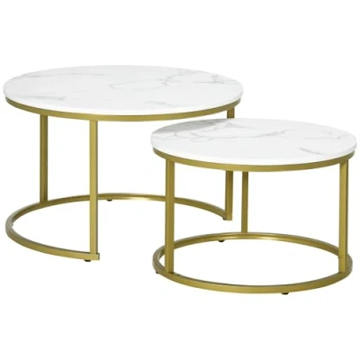Afbeelding van HOMCOM Set van 2 uittrekbare salontafels, ronde tafels, wit dienblad, marmerlook en gouden stalen voet