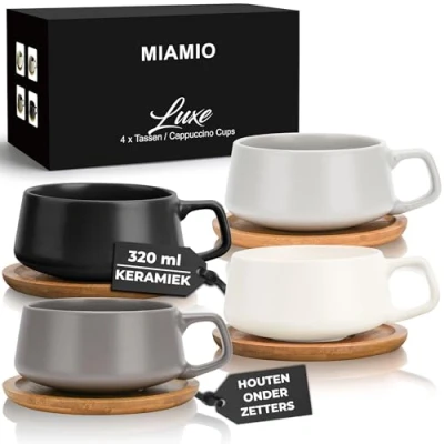 Afbeelding van MiaMio Set van 4 Cappuccino/koffie/theetassen met houten onderlegger 320ml