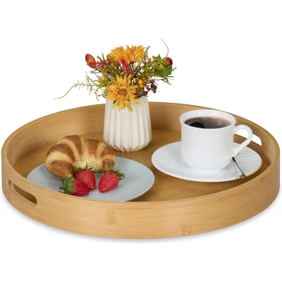Afbeelding van Relaxdays dienblad bamboe 40 cm rond serveerblad met handgrepen opstaande rand