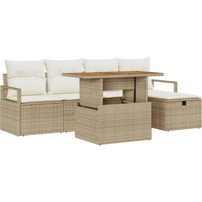 Afbeelding van vidaXL 6 delig tuinbankstel met kussens Beige Poly Riet