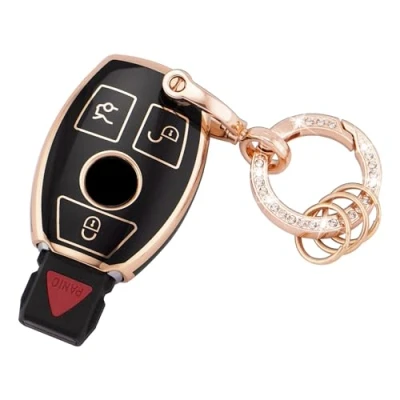 Afbeelding van Koaudb Mercedes sleutelhanger hoesje 3 knoppen zacht TPU met sleutelkoord leer voor Benz A B C E G R S M AMG klasse Smart Key Fob Case zwart goud (BP Bz 3R)