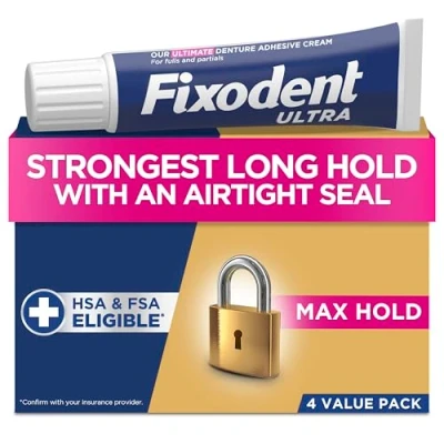 Afbeelding van Fixodent Ultra Max Hold Secure Lot de 4 tubes colle pour prothèses dentaires complètes et partielles 62,4 g