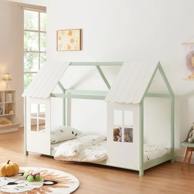 Afbeelding van [en.casa] Lit Cabane avec Fenêtres et Toit Enfant Forme Maison Design Sommier à Lattes pour Chambre d&#039;Enfant en Bois de Pin Contreplaqué 90 x 200 cm Vert Menthe Blanc
