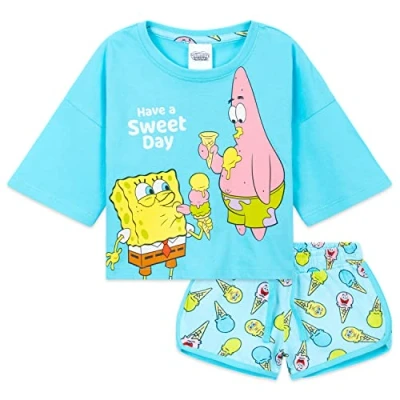 Afbeelding van SpongeBob Squarepants pyjama voor meisjes, sets officiële sponsbob, cartoon, set van T shirt en shorts, nachtkleding kinderen, jongeren, katoen, 3 tot 14 jaar, Blauw