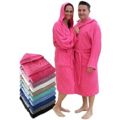 Afbeelding van LEBENGOOD Uniseks badjas met capuchon, 100% katoen, badstof, 400 g, zakken, zachte badjas, douchehanddoek voor dames, Aardbei