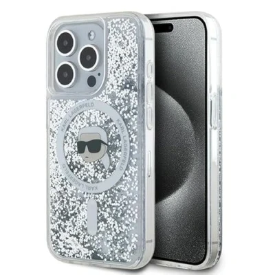 Afbeelding van Karl Lagerfeld Liquid Glitter Head MagSafe hoesje voor iPhone 15 Pro Max transparant