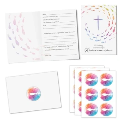 Afbeelding van dv_1359 15 uitnodigingskaarten voor communie I DIN A6 met enveloppen vouwkaarten kleurrijke vis 18 stickers