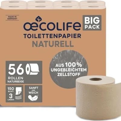 Afbeelding van oecolife 56 rollen natuurlijk toiletpapier, 3 laags, x 150 vellen per rol, super zacht, veganistisch, duurzaam verpakking met 60% PCR