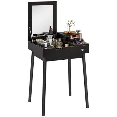 Afbeelding van HOMCOM make uptafel met spiegel, uptafel, moderne stijl, 2 laden, inklapbare spiegel voor slaapkamer, woonkamer, 60 x 50 85,5 cm, wit