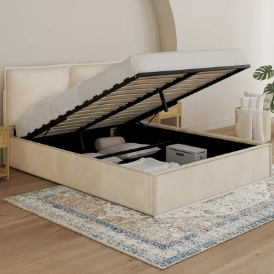 Image de lit coffre double PILOU avec tête de oreiller et sommier 140 x 190 cm velours beige IDMarket