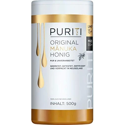Afbeelding van PURITI Manuka honing MGO 550+ 500 g uit Nieuw Zeeland met gecertificeerd methylglyoxalgehalte, laboratoriumgecertificeerd, direct geïmporteerd, puur natuurproduct, zonder additieven