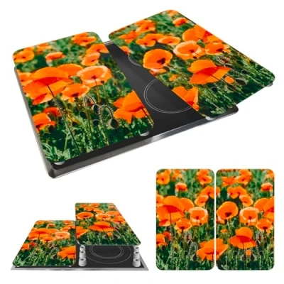 Afbeelding van WENKO Kookplaatbescherming &quot;Klaprozenveld&quot;, beschermplaat voor inductie, gasfornuis, glaskeramiek, gehard glas, set van 2 stuks, 30 x 52 cm