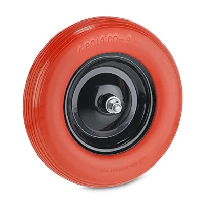 Afbeelding van kruiwagenwiel 4.80 4.00 8 rubberband met as antilek stalen velg rood zwart