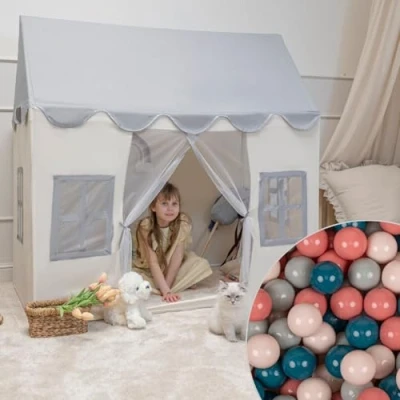 Afbeelding van KiddyMoon Kindertent Speelhuisje Met 300 Ballen Opvouwbaar Voor Kinderen Speeltent Duurzaam Materiaal Stimuleert Creativiteit Ideaal Binnen En Buiten, Wit Grijs:Pastel Beige/Groen Grijs/Pastelgeel/Wit