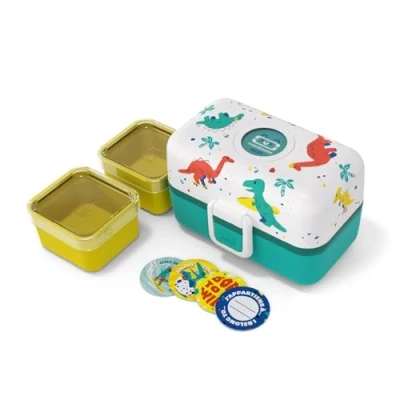 Afbeelding van monbento lunchbox voor kinderen MB Tresor Blue Dino De met 3 vakken Ideaal maaltijden en snacks school/picknick BPA vrij aanpasbaar veilig blauw motief