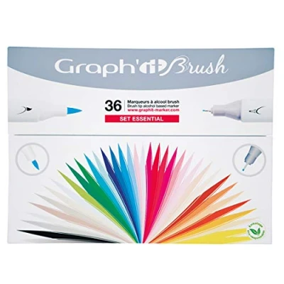 Afbeelding van GRAPH&#039;IT Brush Marker set van 36 alcoholmarkers met dubbele punt voor manga tekenen en illustratie, extra fijne penseel, Essential