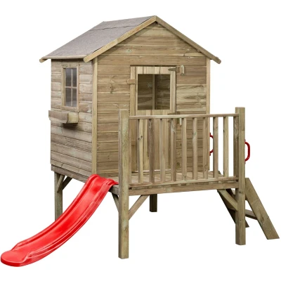 Afbeelding van Houten speelhuisje met Glijbaan en trap Camilla (SwingKing) Kinderhuisje Voor Buiten in de Tuin Kinderen vanaf 3 Jaar FSC Hout Rood