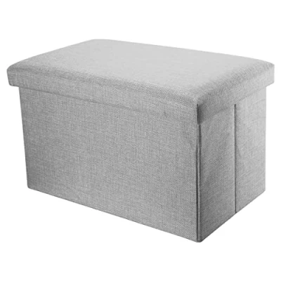 Afbeelding van Intirilife Opvouwbare bank 78x38x38 cm in ALASKA GREY Zitkubus met opbergruimte en deksel van stof linnenlook voetensteun opbergkist krukje