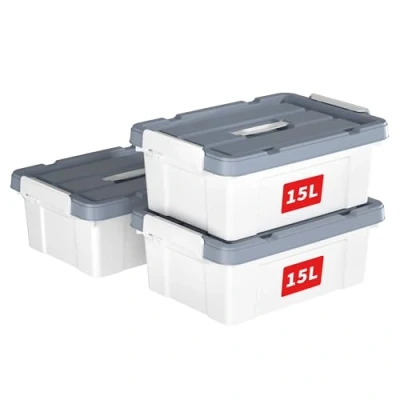 Afbeelding van Cetomo Opbergdozen van kunststof met deksel, opbergdoos handvat en veilige vergrendelingsgespen, stapelbaar, in elkaar grijpend, voor kleding thuiskantoor, 3 stuks