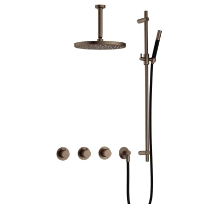 Afbeelding van Hotbath Cobber Regendoucheset IBS70 Verouderd Messing Staaf handdouche 30cm Hoofddouche 15cm Plafondbuis Handouche met glijstang