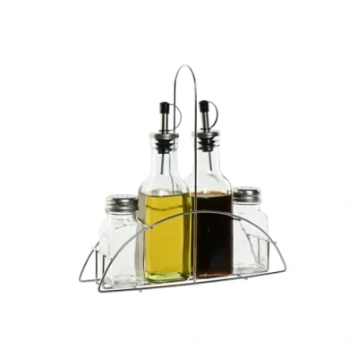 Afbeelding van Items Azijn/Olie flessen tafelset met peper/zout vaatjes glas/metaal transparant modern/design