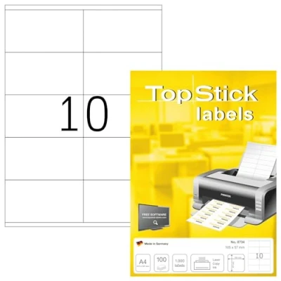Afbeelding van TopStick zak met 1000 zelfklevende etiketten, veelzijdig inzetbaar (105 x 57 mm), personaliseerbaar, bedrukbaar, laser/inkjetprinter, (8734), wit