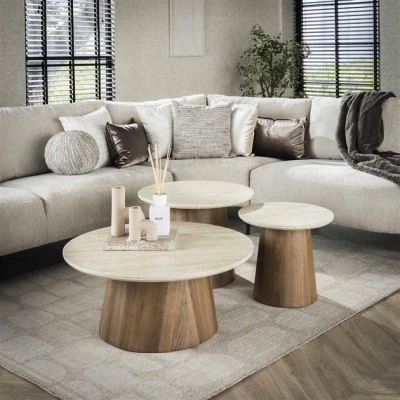 Afbeelding van Hoyz Collection Salontafel Romano Tapse Poot Keramisch Travertin Set van 3