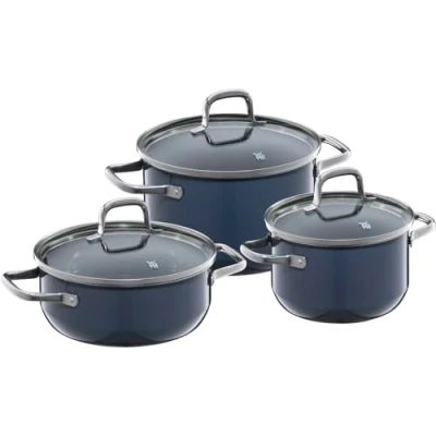 Afbeelding van WMF Fusiontec Essential Set van 3 inductiekookpannen met high tech glazen en keramische deksel, krasbestendig, niet gecoat, zonder binnenschaal, druppelvrij, donkerblauw