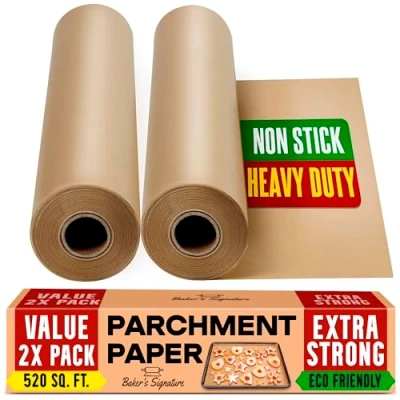 Afbeelding van bakpapier, ongebleekt, 2 stuks, 38 x 64 m, met snijder, anti aanbaklaag, voor keuken, grillen, stoom en airfryer Baker&#039;s Signature
