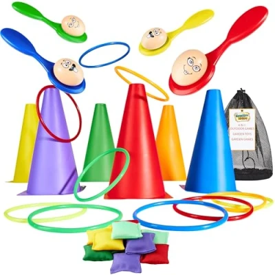 Afbeelding van Buitenspelletjes set voor kinderen, verjaardag, feest, kermis, sportdag, hardlopen met eieren, hoepels en kegel, animatie, verjaardag buiten in de tuin (4 1 set)