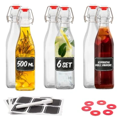 Afbeelding van 6 glazen flessen, 500 ml, mechanische sluiting, fles met etiketten en pen, extra afdichtingen, lege voor olijfolie infusie