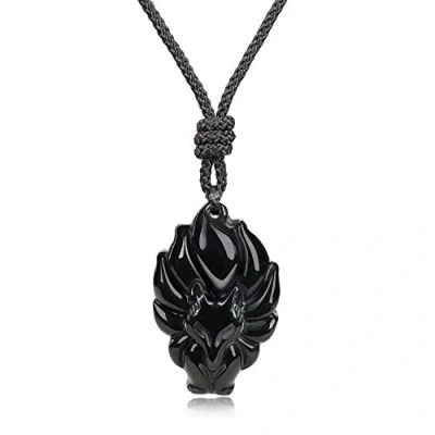 Afbeelding van COAI Hanger vos met negen staarten steen heren dames, Steen, obsidiaan, Obsidiaan