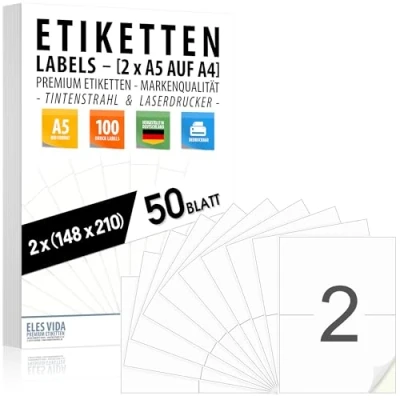 Afbeelding van Zelfklevende etiketten DIN A5 (2 voor A4 vel) 210 x 148 mm, bedrukbaar, mat wit oppervlak, compatibel met inkjet en laserprinters, zelfklevend vele industrieën