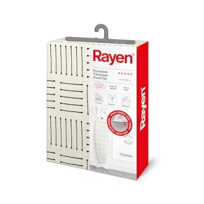 Afbeelding van Rayen 6303.01 Gevoerde strijkplank, eenvoudig te installeren, 4 laags EasyClip systeem: schuim, flanel, hoogwaardig canvas met titanium coating, 130 x 47 cm, wit/strepen