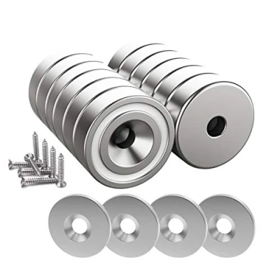 Afbeelding van Magnetpro 12 stuks magneten 10 kg kracht, 20 x 7 mm met gat en capsule, verzonken kop potmagneet schroeven stalen kussens (Helder zilver)