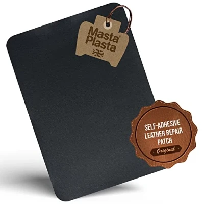 Afbeelding van MastaPlasta Lederen reparatiepatch, zelfklevend, zwart, 28 x 20 cm, onmiddellijke reparatie van krassen en scheuren, voor banken, auto interieur, tassen, vinyl meer
