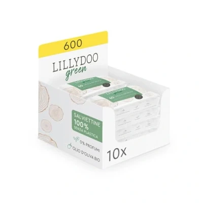 Afbeelding van LILLYDOO natuurlijke doekjes groen, 10 verpakkingen van 60 stuks (600 doekjes), 100% plasticvrij en geurvrij (FSC Mix)