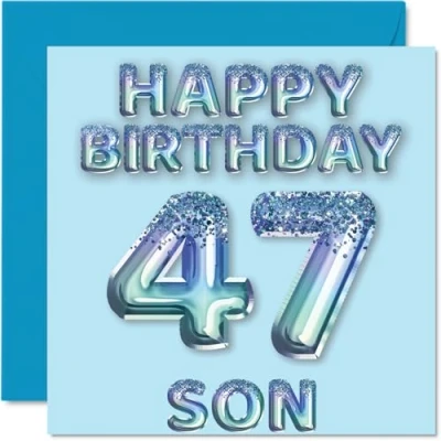 Afbeelding van Verjaardagskaart voor zoon 47 jaar, blauwe glitterballonnen, verjaardagskaarten jarige van mama en papa, 145 mm x