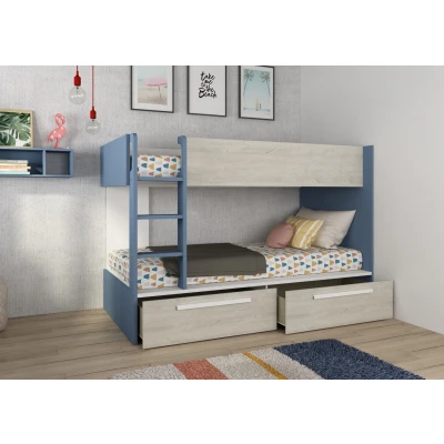 Afbeelding van Stapelbed 2 x 90 200 cm lades Blauw, houtlook en wit TINOLI L 205.6 H 147 D 108.5