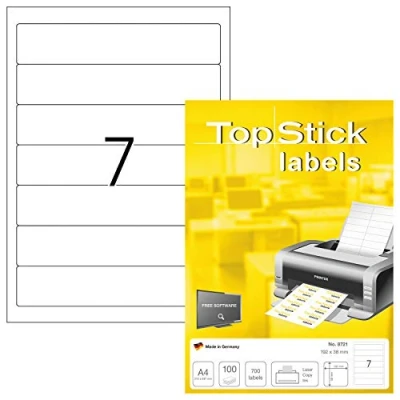Afbeelding van TopStick Verpakking met 700 zelfklevende etiketten voor ordner hendel (192 x 38 mm), personaliseerbaar en bedrukbaar, laser/inkjetdruk, (8721) wit