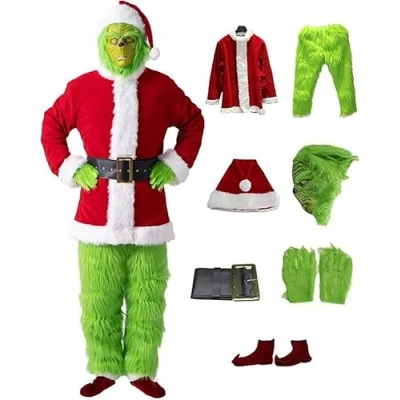 Afbeelding van 7 stuks kerstmankostuums voor kinderen, inclusief Grinch Green Monster Suit masker volwassenen, kerstfeest, cosplay kostuum, werkplaatsfeest, parel 2XL