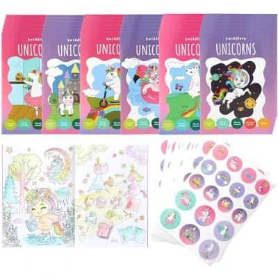 Afbeelding van THE TWIDDLERS 36 mini kleurboeken voor feesttassen, met stickers, eenhoornthema, boeken in A6 formaat kinderen van 4 tot 8 jaar, kleine kleurboeken, perfect