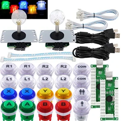 Afbeelding van SJ@JX Arcade 2 speler Game Controller Stick DIY Kit LED knoppen met logo MX Microswitch 8 weg Joystick USB Encoder Cable voor PC MAME Raspberry Pi Color Mix