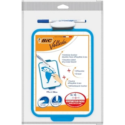 Image de BIC Velleda Ardoise Ecolier Double Face (19 x 26 cm) Effaçable à Sec avec Feutre Bleu et Effacette Turquoise, Lot de 1