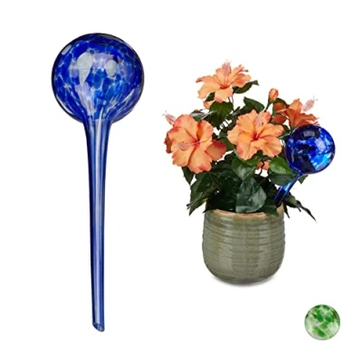 Afbeelding van Relaxdays waterdruppelaar glas set van 2 waterbol watergeefsysteem kamerplanten blauw